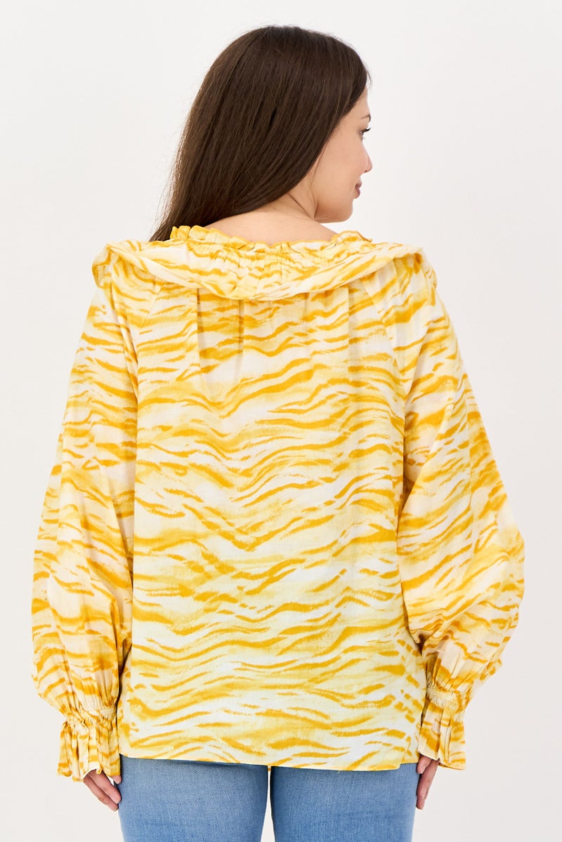 INC Women Ruffle Neck Long Sleeve Animal Print Blouse, Yellow - Image 4